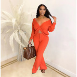 Sexy Solid Color V-Neck Long Sleeves Cropped Top With Wide Leg Pants Two Piece Sets CY1265
