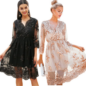 Women Elegant V Collar Elastic Waistband Lace Dress QZ3229