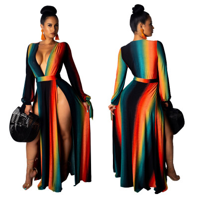 Newest Female Deep V Collar High Split Long Dress SMR9235