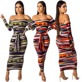 Leisure Flat Shoulder Printing Ladies Ankle Length Dress ML7237