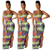 Leisure Summer Split Printing Sleeveless Long Dress AMM8143