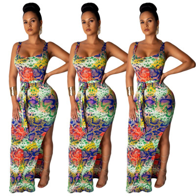 Leisure Summer Split Printing Sleeveless Long Dress AMM8143