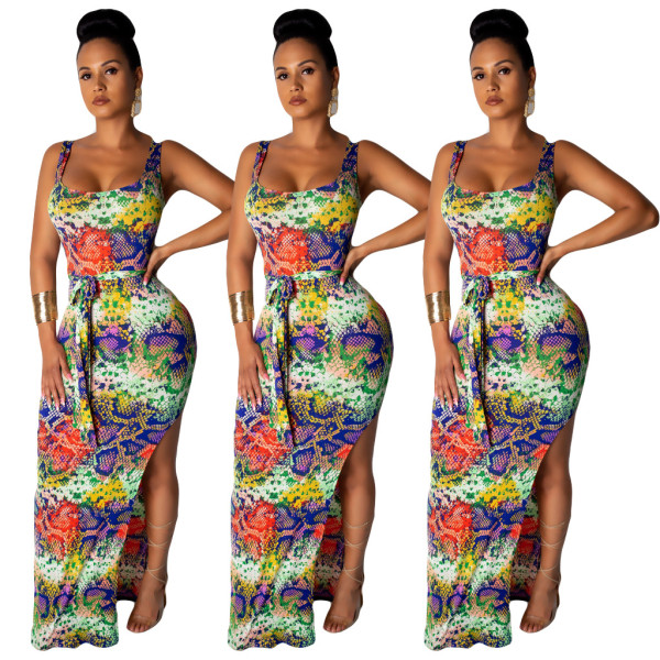 Leisure Summer Split Printing Sleeveless Long Dress AMM8143