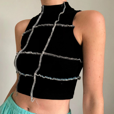 womens round neck sleeveless contrast stitching fashion sexy slim vest T20AA16K