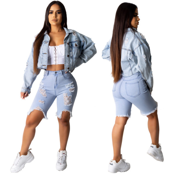 Casual Denim Acid?Washes Long Sleeves Ripped Coat QZ6106
