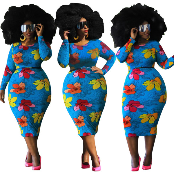 Plus size Womens printed long-sleeved dress (without belt) J6019