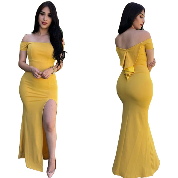 Ladies Yellow Split A Word Shoulder Long Dress BS1080