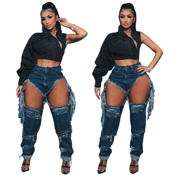 Sexy washed hole high-rise jeans HSF2270