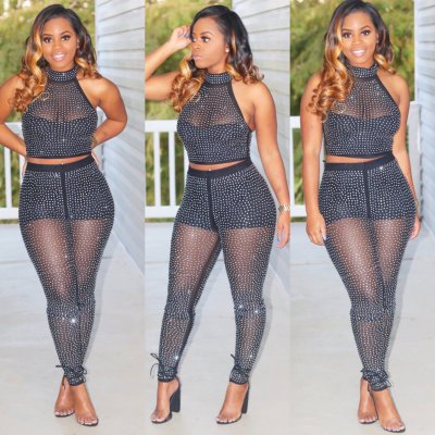 Mesh Diamond Outfits Halter Neck Tank Top Slinky Pants MA6103