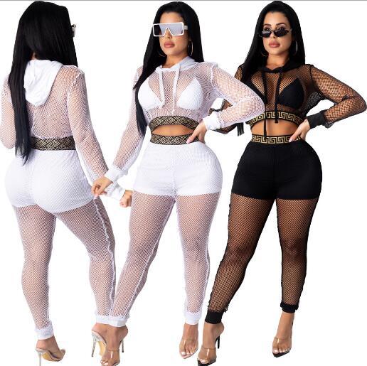 Sexy Grid Stitching Long Sleeves Hooded Crop Sweater With Trousers Two Piece Set HG070
