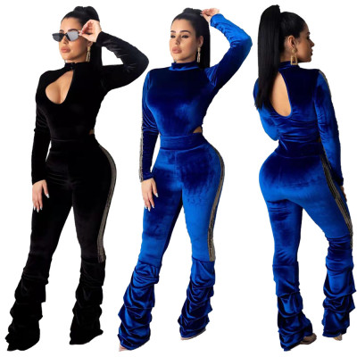 Sequined Splicing Pleuche Outfits Bodycon Top Folding Pants MN8080