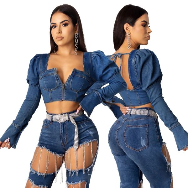 Bandage Sexy Bodycon Coat Bubble Sleeve Denim Crop Top SMR9503