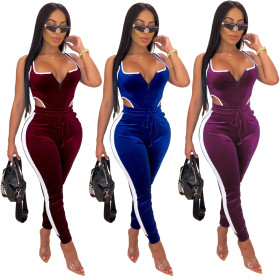 Velvet Two Pieces Jogging Sets Tank Bodysuits Skinny Pants QZ5246