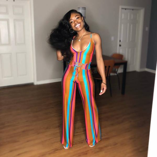 Rainbow Women Mid Waist Condole Belt Sexy Jumpsuit D8259