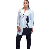 Ladies Irregular Figure Print Turn Down Collar Shirt Dress YX9171
