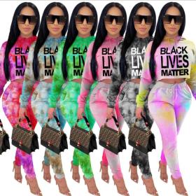 Drop-shoulder long-sleeved tie-dye letter hooded casual two-piece suit ZSC0315-2