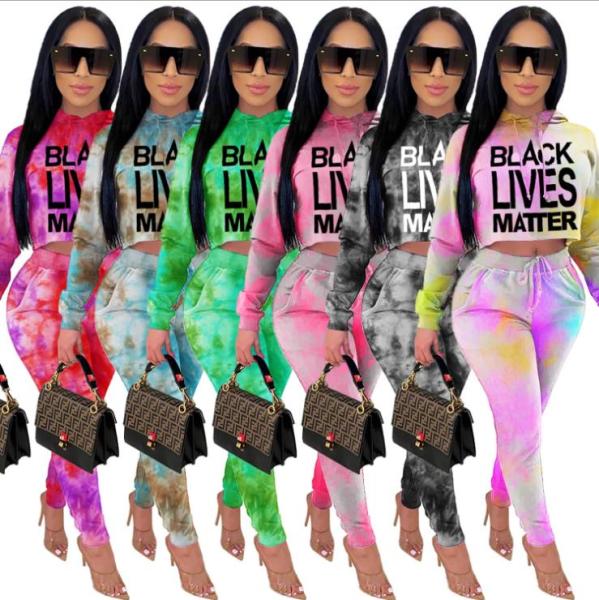 Drop-shoulder long-sleeved tie-dye letter hooded casual two-piece suit ZSC0315-2