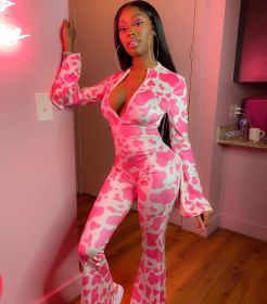 Sexy digital printed zipper flared jumpsuit S6234