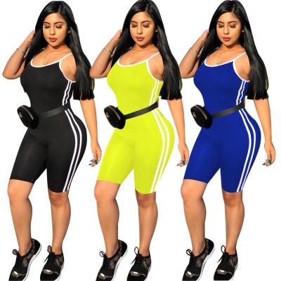 Factory Price Stripe Patchwork Condole Belt Short Jumpsuit E8293