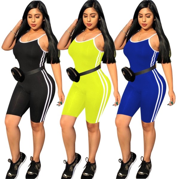 Factory Price Stripe Patchwork Condole Belt Short Jumpsuit E8293