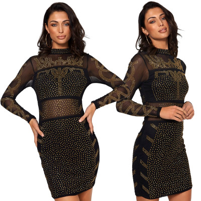 Bodycon Rhinestone Sexy Dress Mesh Patchwork Clubwear XZ3300