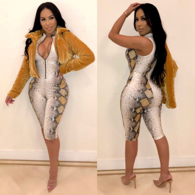 Hot Zipper Snake Print Sleeveless Midi Jumpsuit ML7166