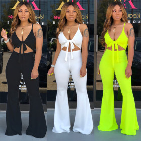 Plain Color Bra Top High Waist Flares Pants Women Sets CY1175
