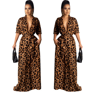 New Arrival Leopard Print Women Half Sleeved Floor Length Dress QQM3893