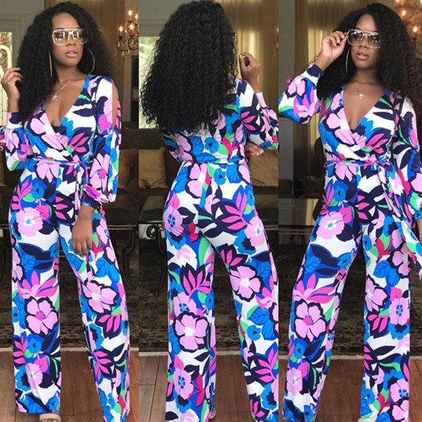 Wholesale Price Floral Printing V Neck Women Jumpsuit T3364H