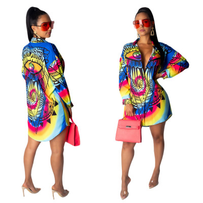 Street Style Ladies Printing Button Down Shirt Dress SN3598