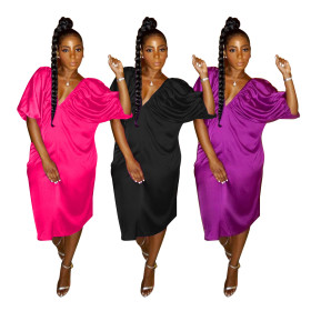 Wholesale Loose Fitting Solid Color V Neck Midi Dress BS1108