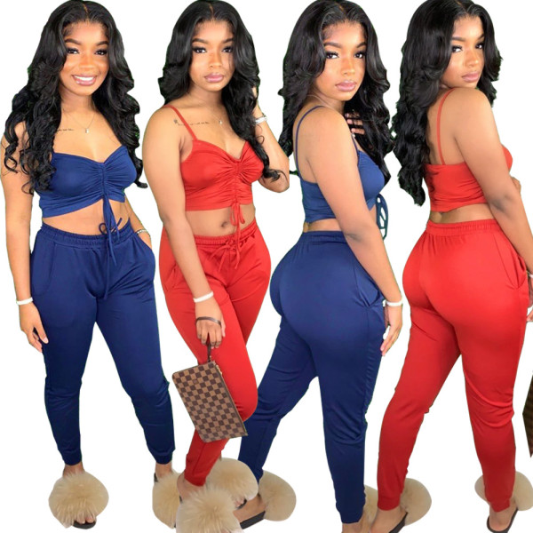 Sexy Solid Color Drawstring Suspenders Backless Mini Top With Trousers Two Piece Set YH5162