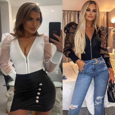 Sexy See Through V Neck Long Mesh Sleeves Zipper Bodysuit Top Club MR231