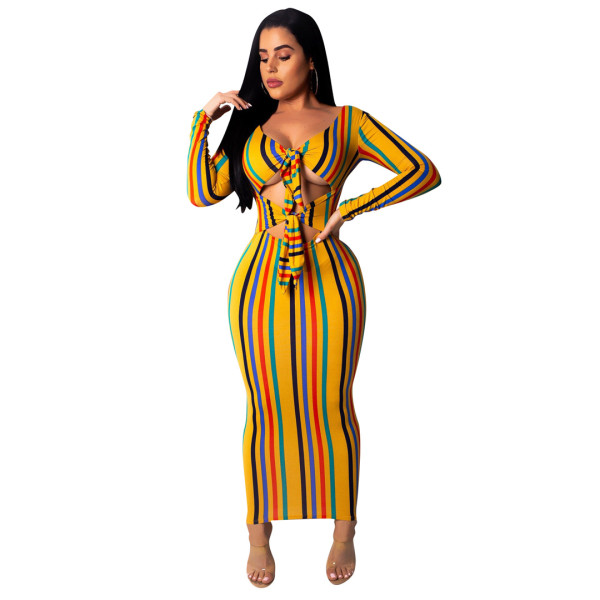 Hollow Out Stripe Colorful Long Sleeve Ankle Length Dress SDD9021