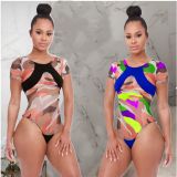 Fashion Women Short Sleeves One-Piece Bodycon Swimwear MDF5062