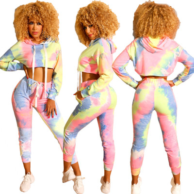 Casual Drawstring Two-Piece Hooded Tie-Dye Pants Suits RB3025