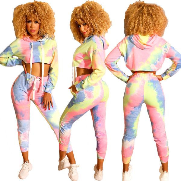 Casual Drawstring Two-Piece Hooded Tie-Dye Pants Suits RB3025