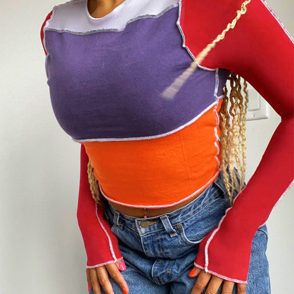 Fashion contrast stitching long-sleeved round neck t-shirt top women A20373T