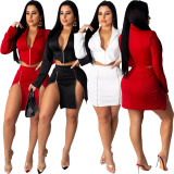 Turn Down Collar Coat Mini Skirt Zipper Pure Color Personality Sets T3396