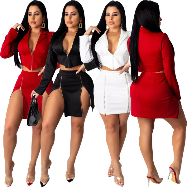 Turn Down Collar Coat Mini Skirt Zipper Pure Color Personality Sets T3396
