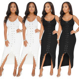 Sexy Double Zipper Rivet Deco Spaghetti Strap Ladies Dress Q099