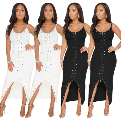Sexy Double Zipper Rivet Deco Spaghetti Strap Ladies Dress Q099