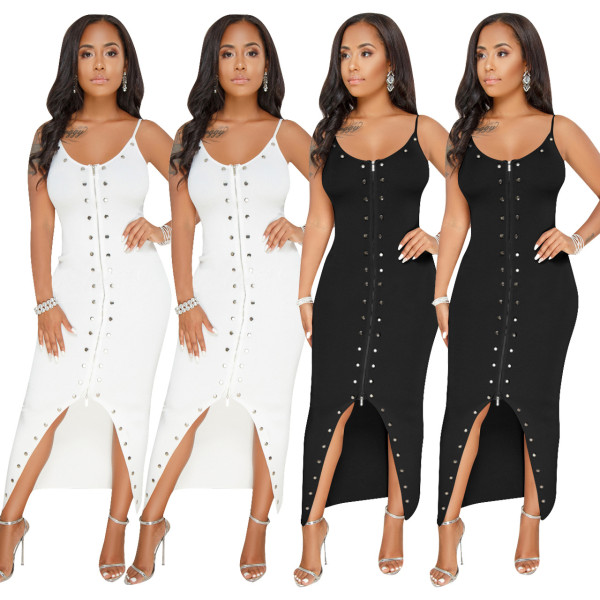 Sexy Double Zipper Rivet Deco Spaghetti Strap Ladies Dress Q099