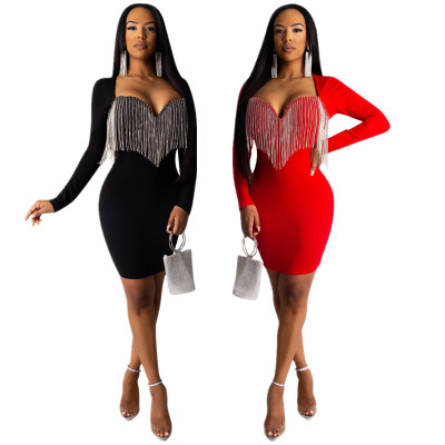 Black/Red Online Wholesale Slim Fitting Low-Cut Fringed Sexy Dress YYZ734