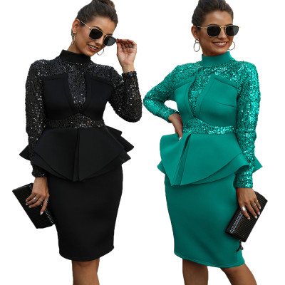 Sequined dress long sleeve ruffle evening dress KM8058