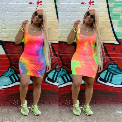 Sexy Coloring Printed Sleeveless Mini Dress YX9217