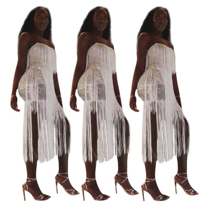 Hot Sell Lady Sequin Attractive Tassel Spaghetti Strap Wrap Dress NK080