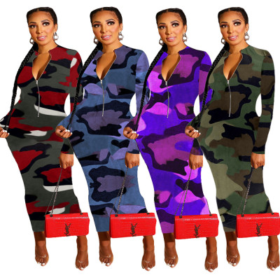 Reasonable Price Zipper Mid Waist Camouflage Ankle Length Dress JH130