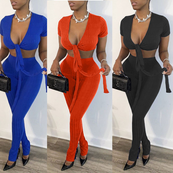 Two-piece set of multicolor pit strips wrapped chest split pants TK6068