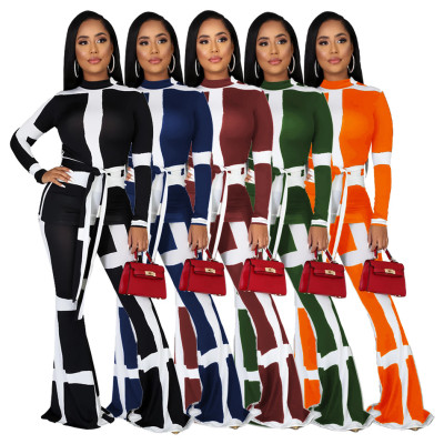 Striped Long Sleeve Flare Pants Set YLY006